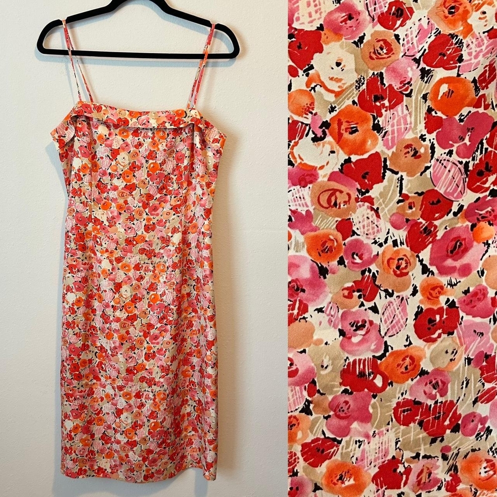 Ann Taylor Floral Midi Dress in Red and Pink